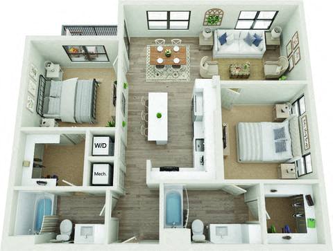 Floor plan for 2 beds, 2 baths, 1063 sqft